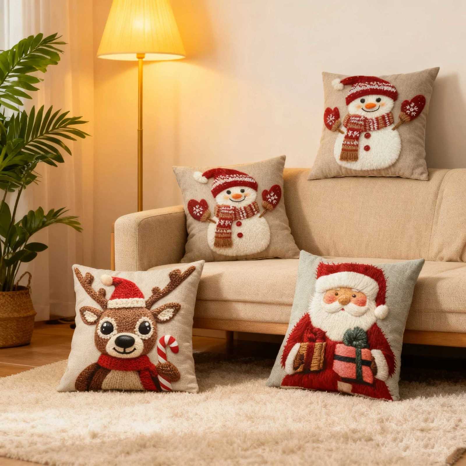 45cm Grey Red Christmas Pillowcase Cute Cartoon-style Imitation Embroidery Linen Printed Sofa Pillowcase For Holiday Decoration Y251105