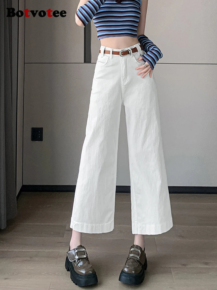 Botvotee Ankle Womens Jeans Summer Korean Fashion Straight Wide Leg High Waist Denim Pants White Blue Cut 250403