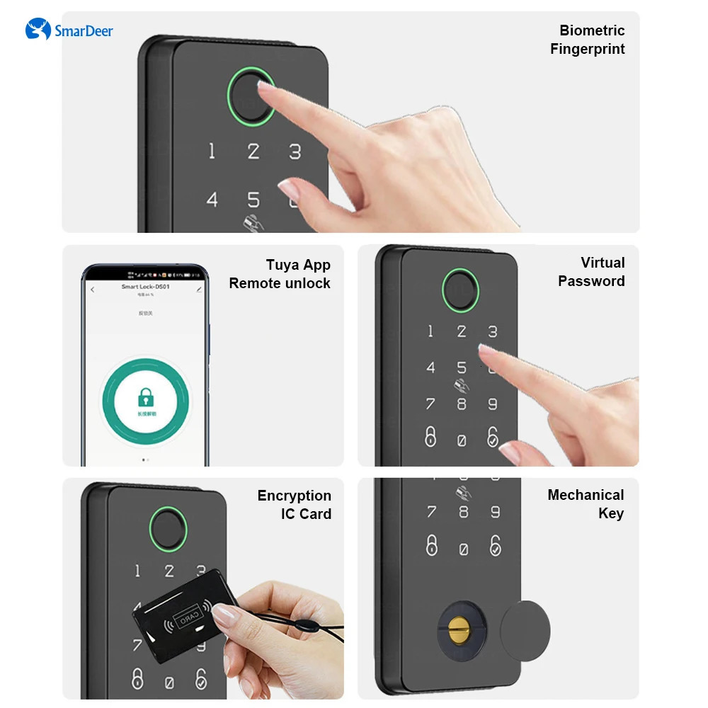SmarDeer Electronic Door Lock for Tuya Lock with Deadbolt lock Fingerprint Lock Keyless entry with SmartLife App Remote unlock 250402