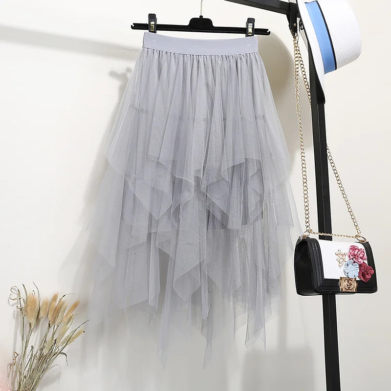 Womens Half Length Skirt Irregular Mesh High Waisted Versatile Slimming A-line Fluffy Gauze Medium Length Half Length Skirt 250402