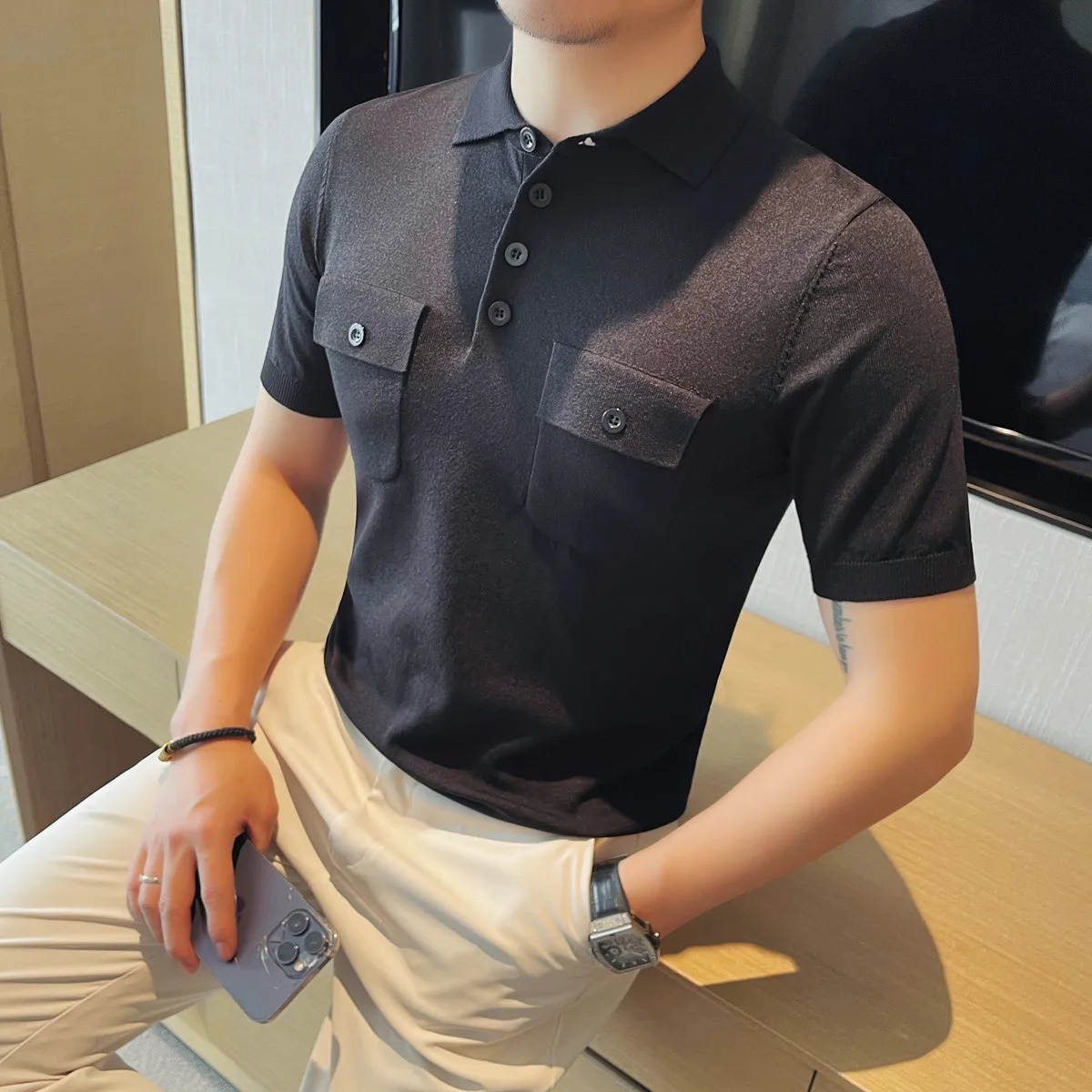 Polo shirt mens summer fashion double pocket short sleeved mens polo shirt slim fit casual silk knit pull-out 250401