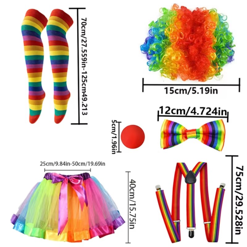 6 sets of women's clown party costumes, including wigs, chiffon skirts, bow ties, straps and other accessories for Halloween Cosplay costumes and
