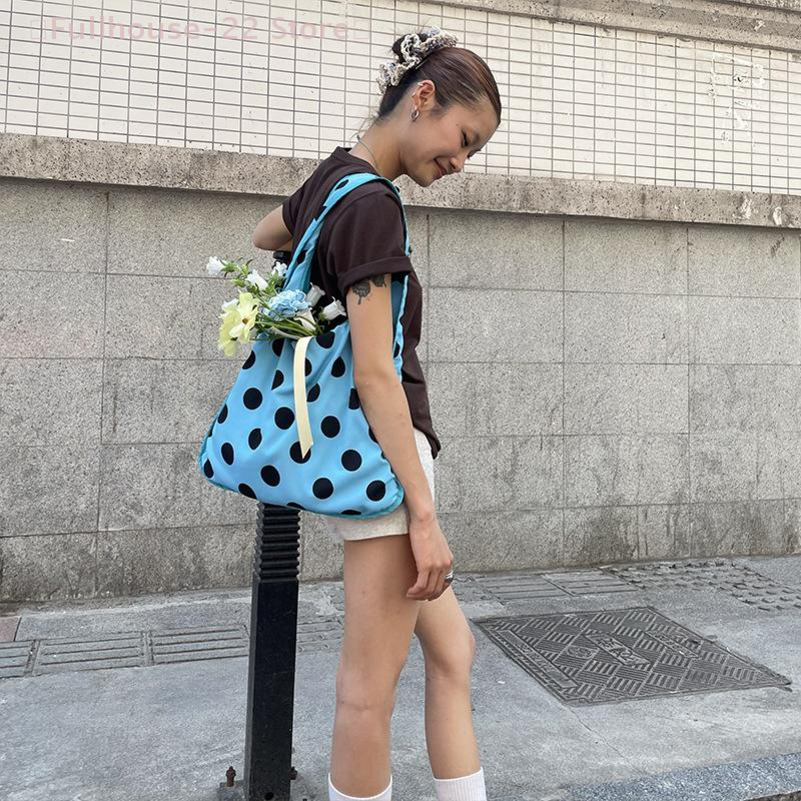 MAX-22Fashion Blue Polka Dot Shoulder Bag Korean Simple Underarm Bag Female Versatile Large Capacity Tote Bags Canvas Handbag 251104