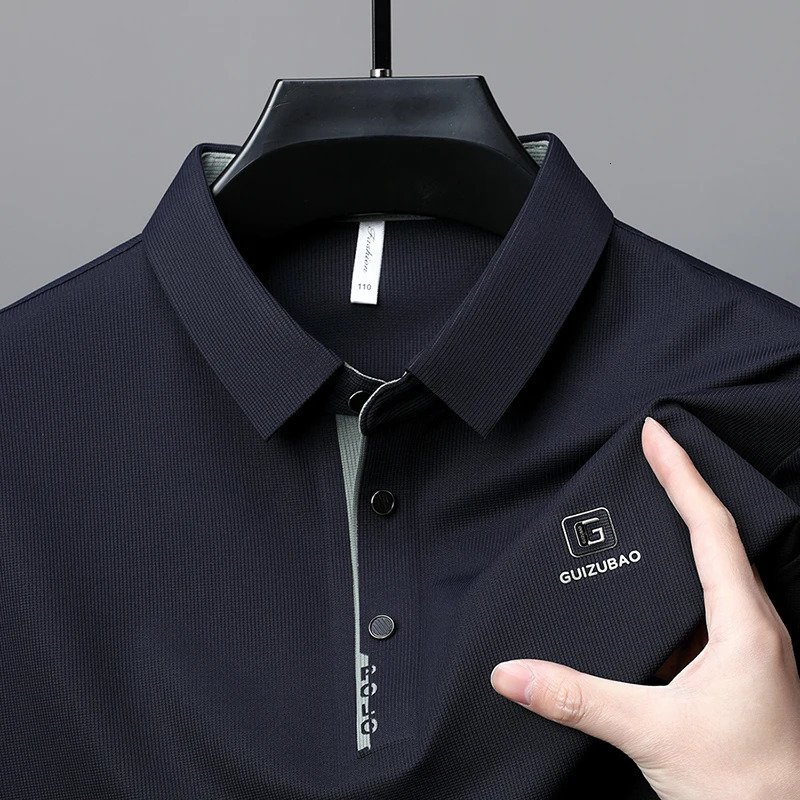 Mens high-end lapel polo shirt summer printed business fashionable ice silk short sleeved seamless top mens clothing 250401