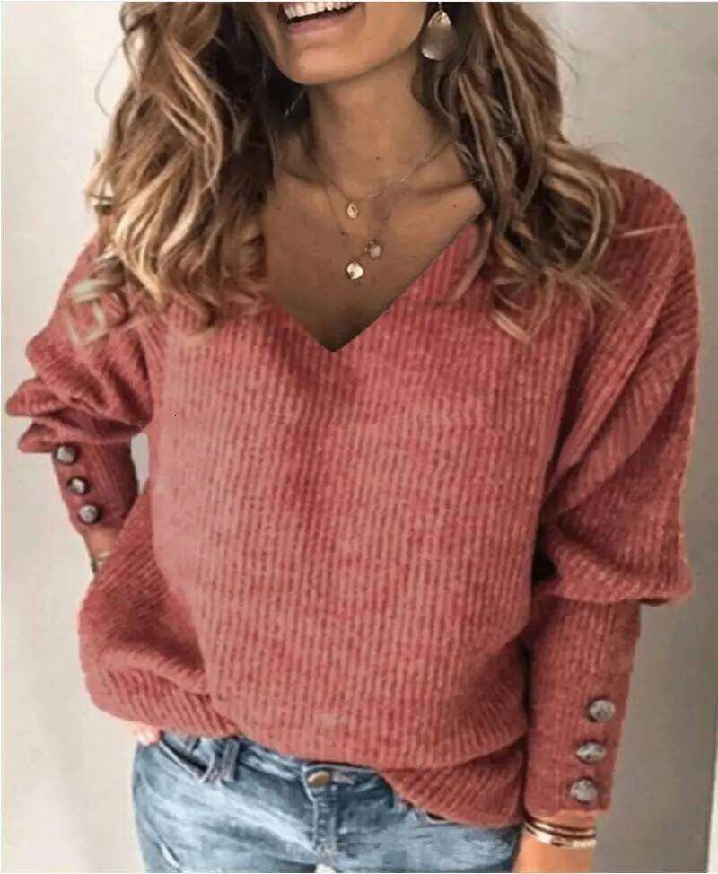 Women's Spring And Autumn Loose Button Solid Color V-Neck Knitted Top Designer Sweater Bear Sweater