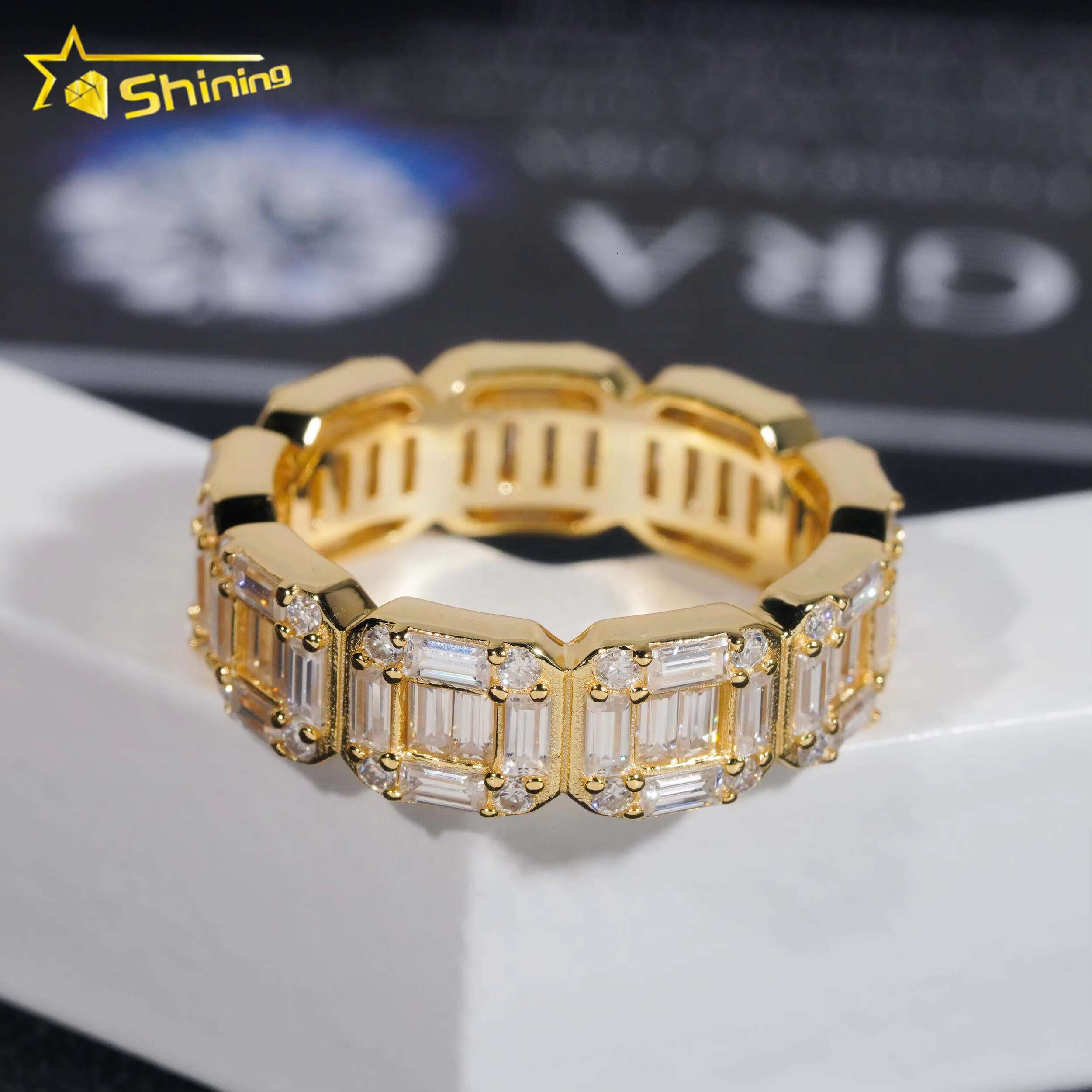 Certified 925 Sterling Silver Gold Plated Hip Hop Jewelry Baguette VVS Diamond Moissanite Hip Hop Band Ring