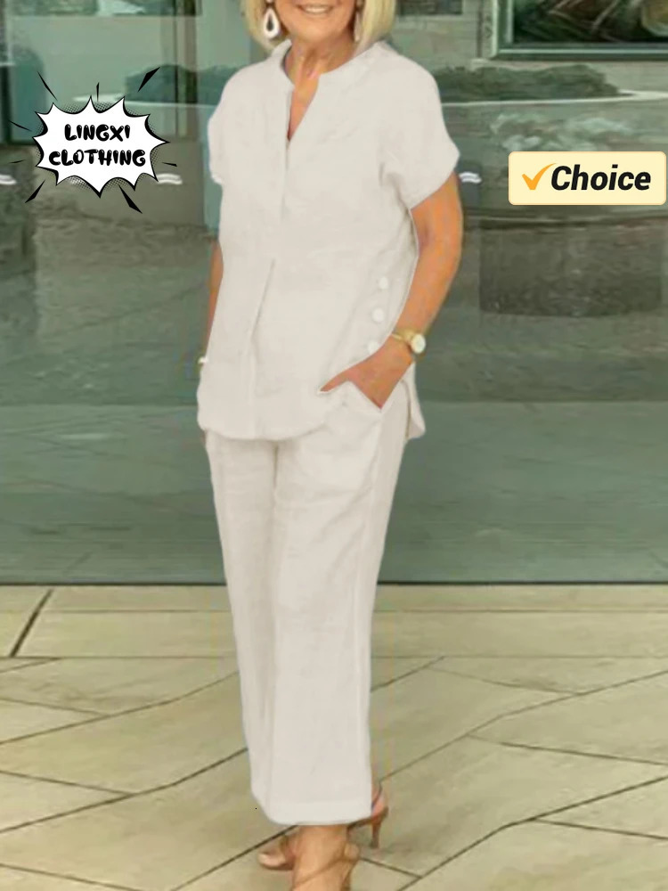 Summer fashion womens matching series V-neck short sleeved top elastic waist wide leg pants cotton linen two-piece set 250401