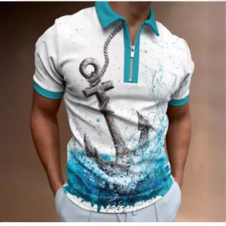 Mens Spring New Mens Casual 3D Printed Collar Short Sleeve Zipper Polo Mens T-shirt Top