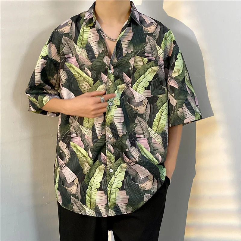 Plus size mens Hawaiian tropical print loose beach shirt short sleeved casual mens shirt 250403