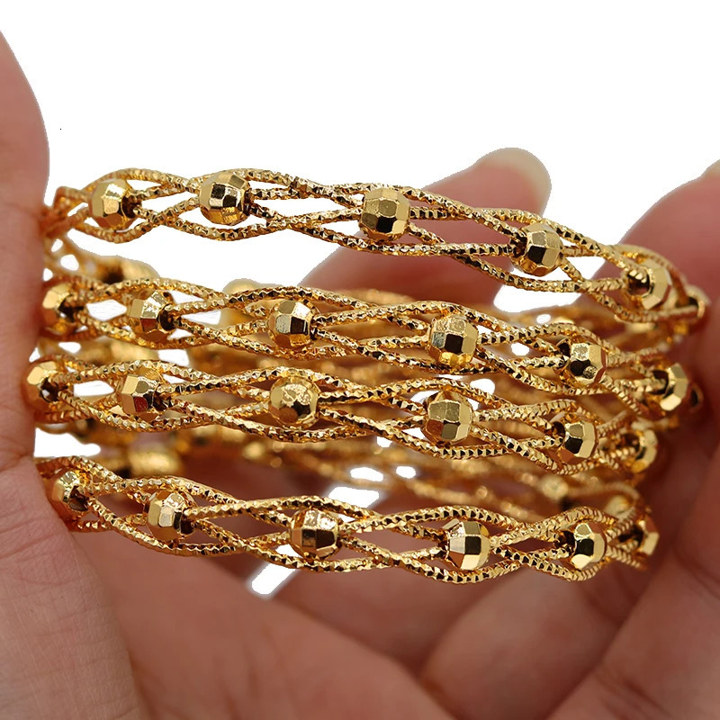 4pcs Trendy Bead Gold Color Saudi Bangles For Girls 24K Ball Copper Bracelet Women Girl Africa Bangles Wedding jewelry 251031