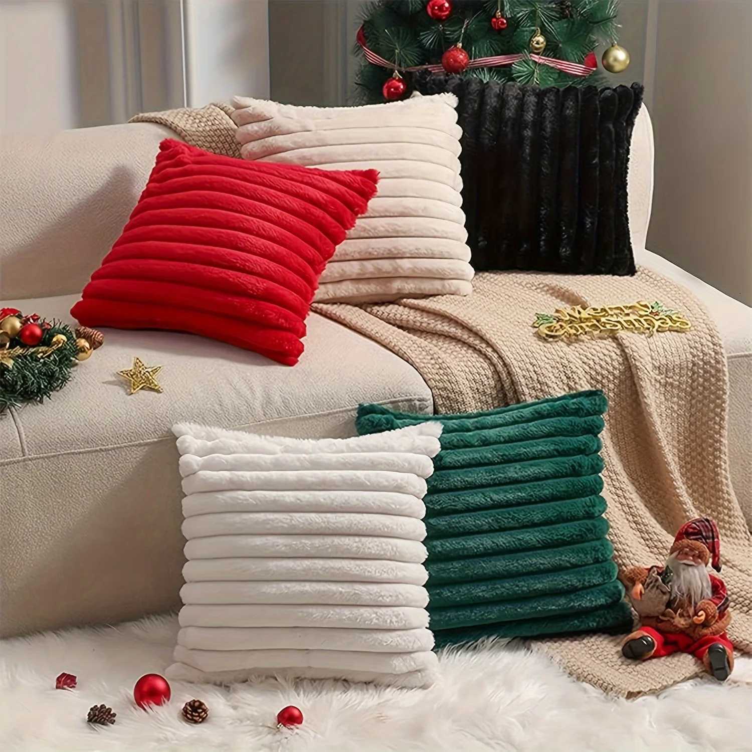 Cozy Faux Fur Plush Throw Pillow Cover - Fluffy Striped Winter Christmas Decorative Cushion Case with Zipper Closure for Sofa Y251105