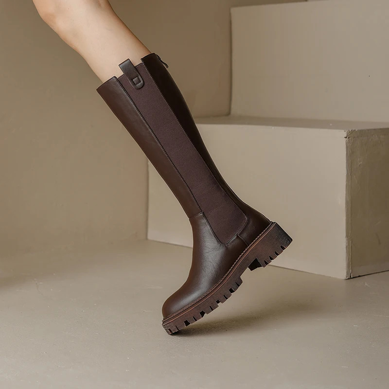 Autumn Winter Womens High Boots Chelsea Boots Cow Leather Round Toe Heel Women Boots KneeHigh Women Shoes Zipper 251031