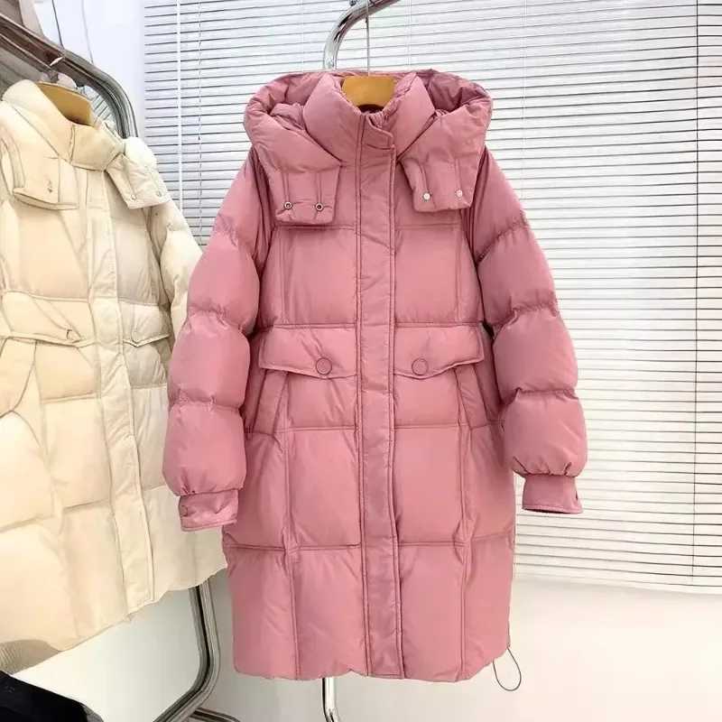 Autumn Winter New Down Jacket Womens Mid-length Hooded Thick Loose White Duck Down Warm CoatT251105