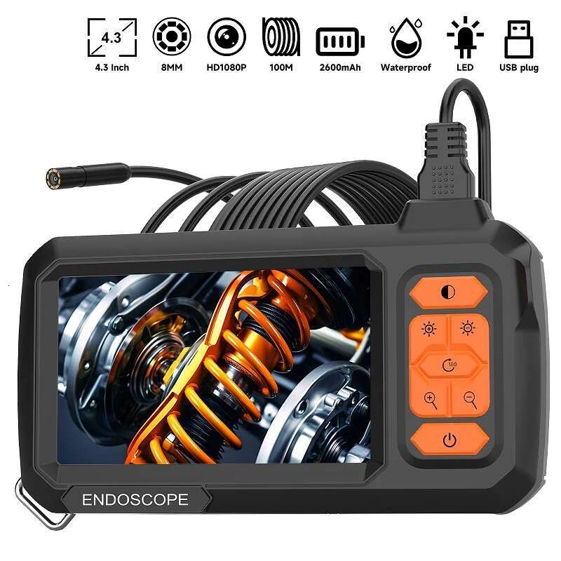 Endoscope Camera 4.3'' IPS Screen HD1080P 8MM Removable Cable 1-100 Meter USB Pipe Inspection Borescope Waterproof 8LEDs 2600mAh