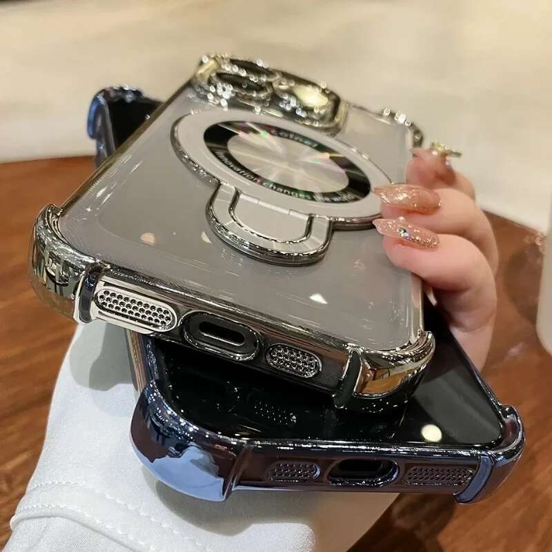 Plating Shockproof Magnetic Bracket Case iPhone 15 16 11 12 13 14 Pro Max Plus For Magsafe With Holder Stand Cover