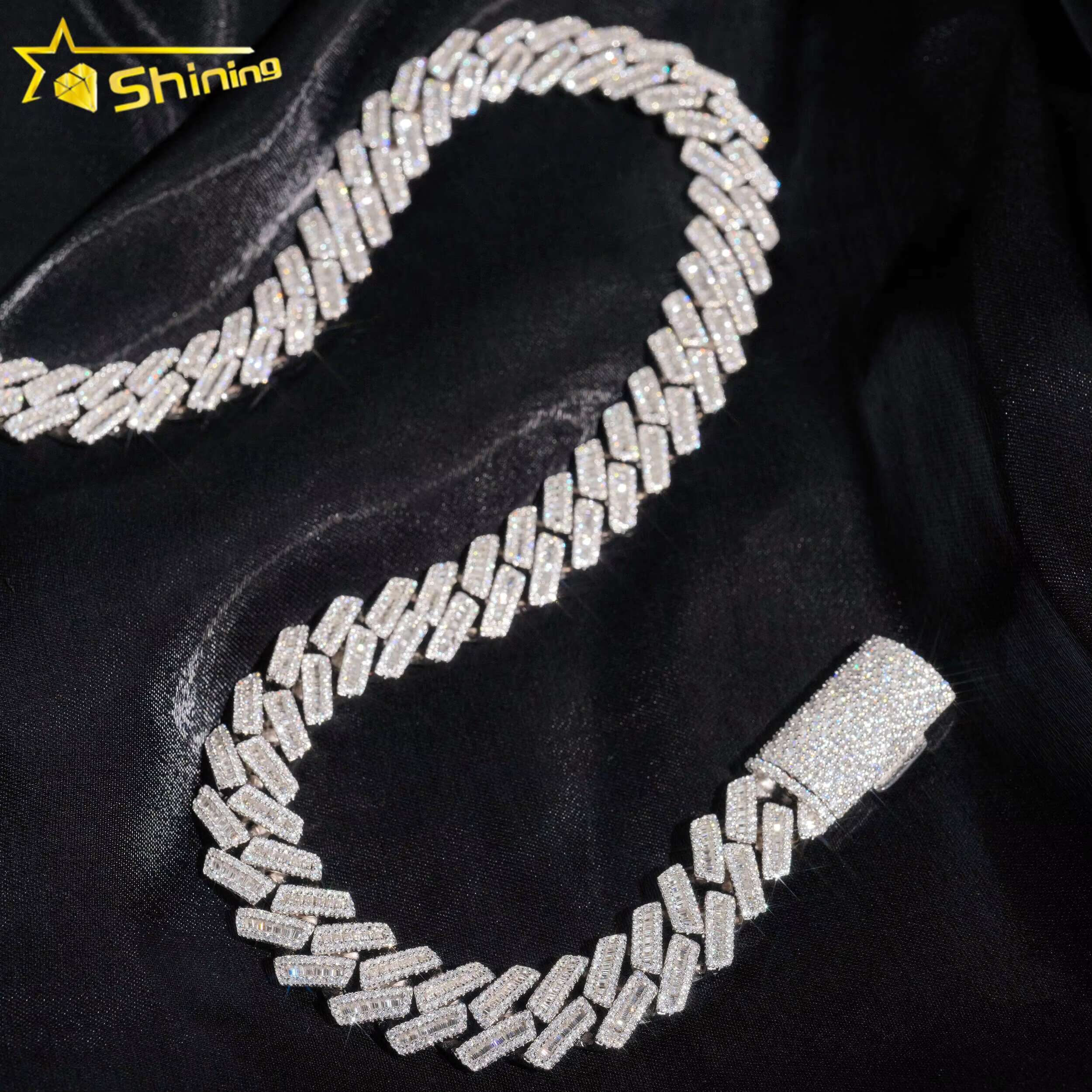 Shinning VVS Diamond Hip Hop Jewelry 925 Silver Gold Plated Baguette 13mm Iced Out Moissanite Cuban Link Chain