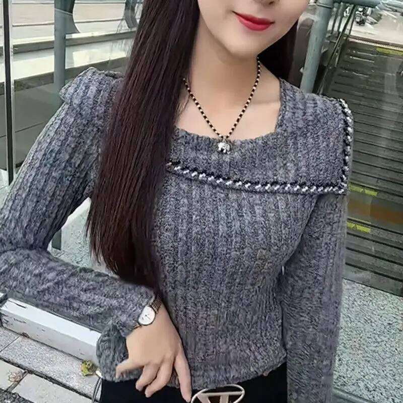 Women's Clothing Square Neck Pit Striped Long Sleeved Pullover Sweater For Women Autumn Winter Sexy Slim Fit Elegant Knitted Top Designer Sweater