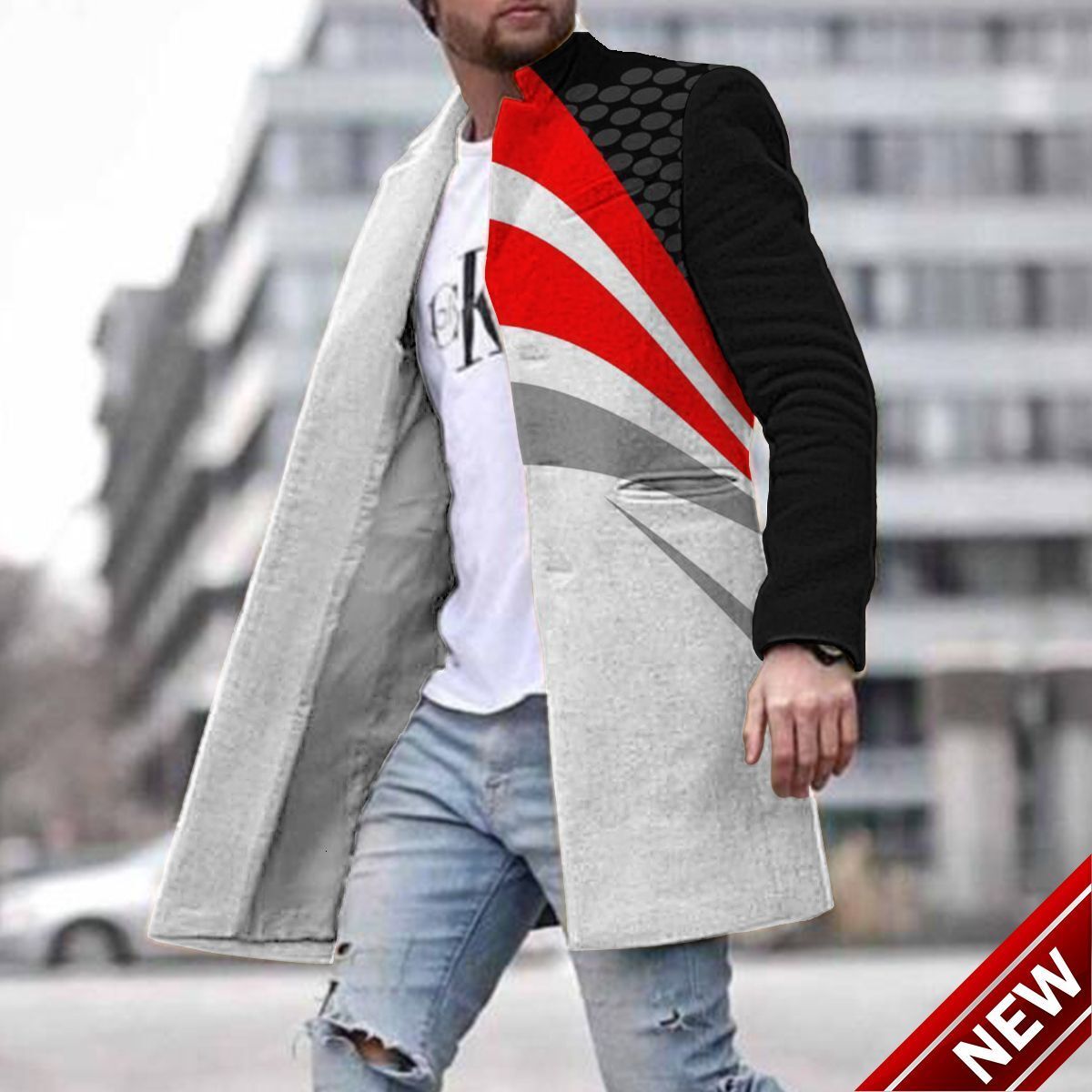 Spring new mens street youth woolen stand collar mid length pocket casual mens coat mens