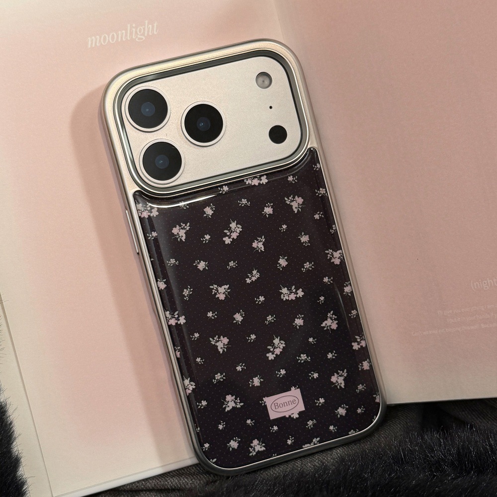 Rose Pink Flower Black Simple Phone Case Compatible with iPhone 17/16 Pro Electroplated Resin Case iPhone 15/14 Niche