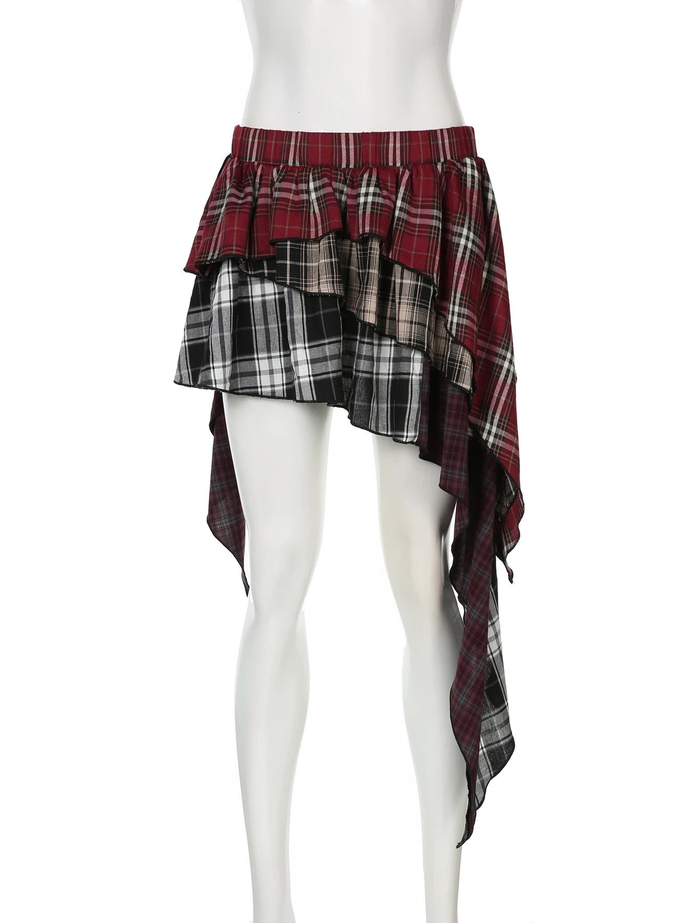 Rockmore Streetwear Patchwork Red Plaid Irregular Skirt Vintage Sexy Slim Mini Skirt Y2k 2000s Clothes Coquette Grunge Fairycore 250402