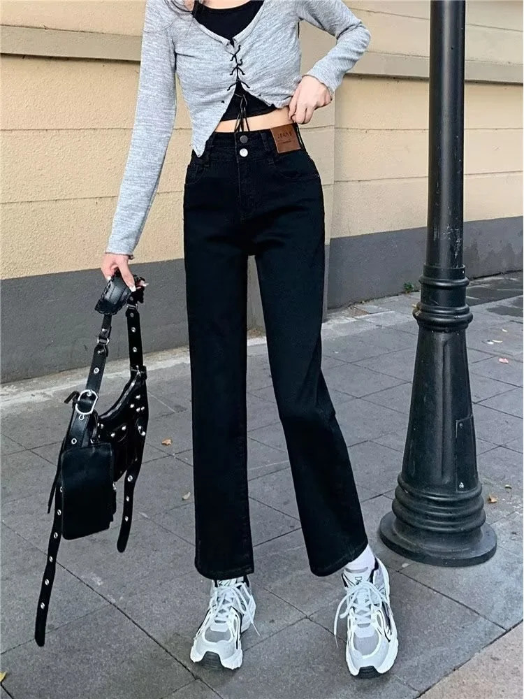 Spring and summer retro high waist slimming wide leg pants jeans Korean style straight 250403