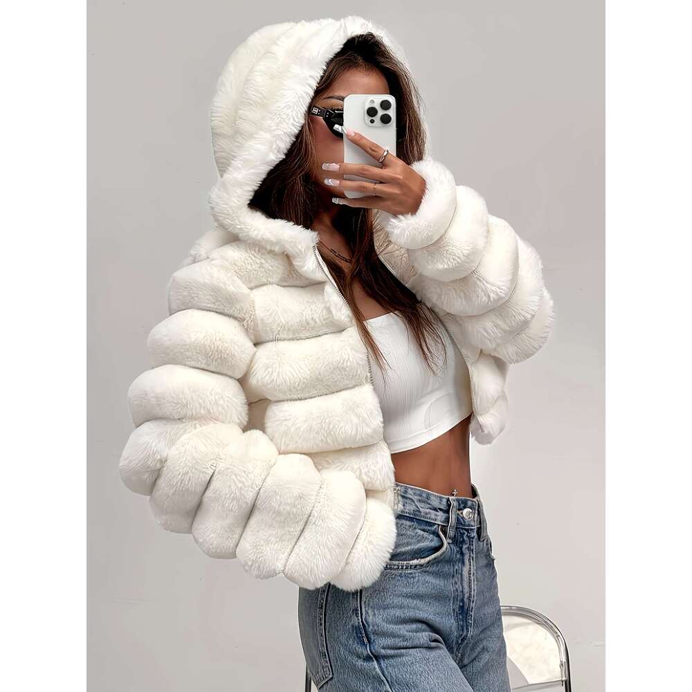Women's Winter White Plush With Hood Oversized Jacket, Thick Luxurious Cold Weather, Hine Washable Outerwear No Dry Clean, Cozy Jacket For Partie