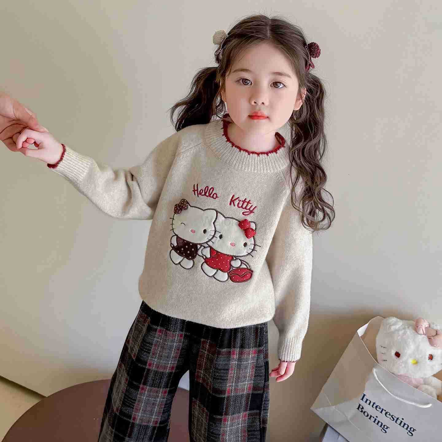 Sanrio KT Cat Girl Sweater Autumn Winter Fleece Round Neck 2025 New Childrens Baby Girl Winter Knitted Base Shirt H251105