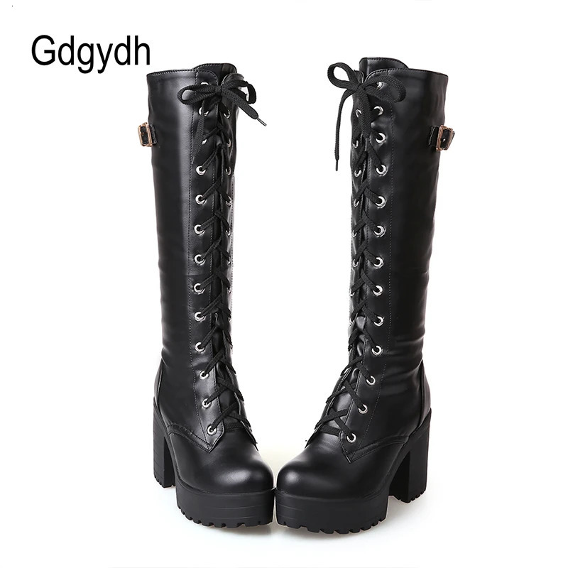 Gdgydh Spring Autumn Lacing Knee High Boots Women Fashion White Square Heel Woman Leather Shoes Winter PU Large Size 43 251031