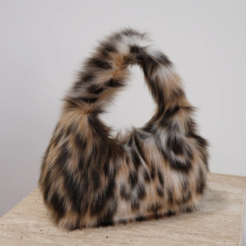 Leopard Plush Womens Hobos Underarm Bag Y2K Furry Clutch Shoulder Bags Faux Fur Female Fluffy Small Handbags 251104
