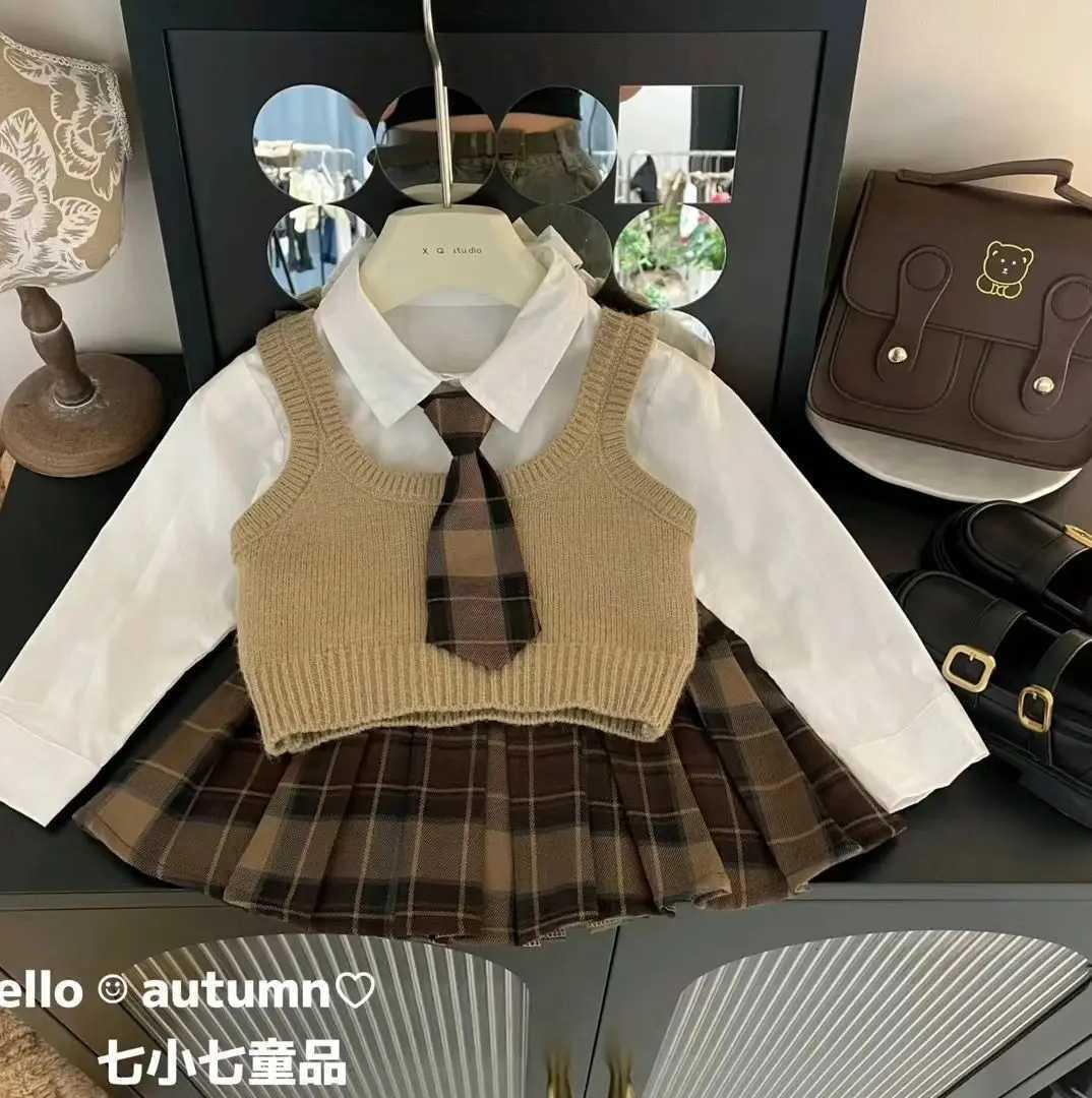 2025 Baby Girls 4pieces Clothing Set Fashion Kids Children Spring Autumn Clothes Knit Vestsshirtspleated Skirtsbowtie Y251105