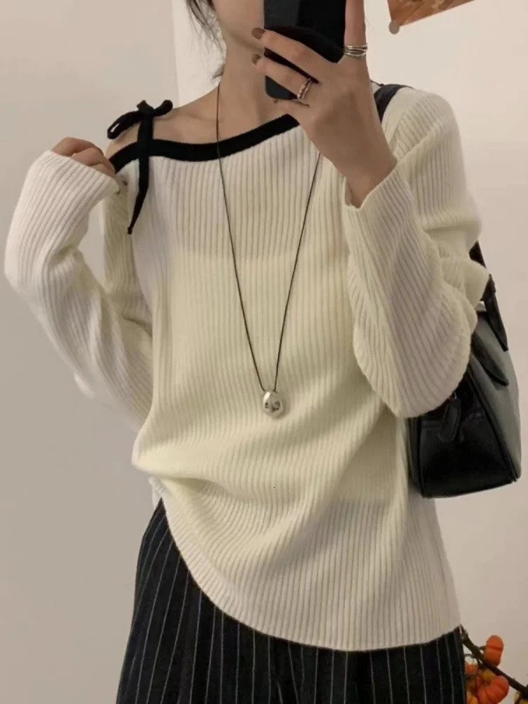 FalFashion Autumn Women Knitted Top Fall Pullover Off-shoulder Sweater Elegant Korean Style Knitwear Long Sleeve Casual Clothing 251104