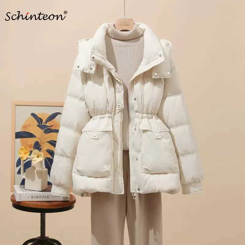 Schinteon Women White Duck Down Jacket Autumn Winter Warm Thick Casual Outwear Drawstring with Hood Korean Style Coat 2025 NewT251105