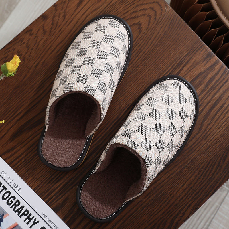 2025 Men's and women's cotton slippers for autumn and winter home use thick-soled indoor non-slip waterproof warm in winter leather surface 