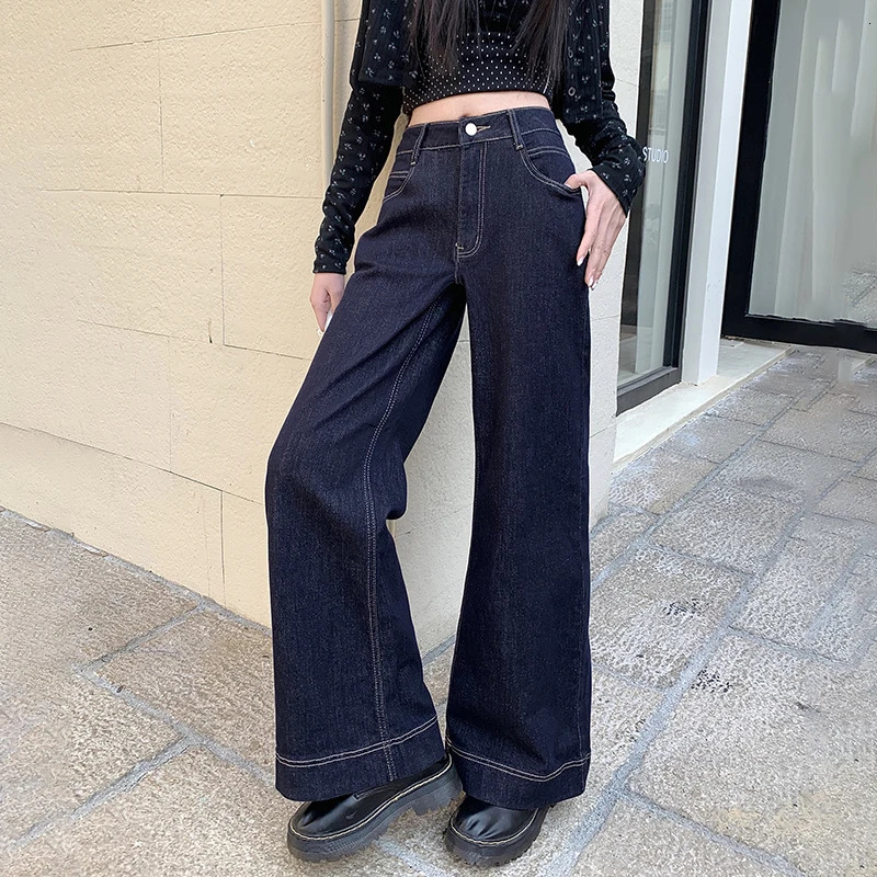 Womens Retro Casual Loose Straight Denim Trousers High Waist Wide Leg Fashion Shining Jeans 250403