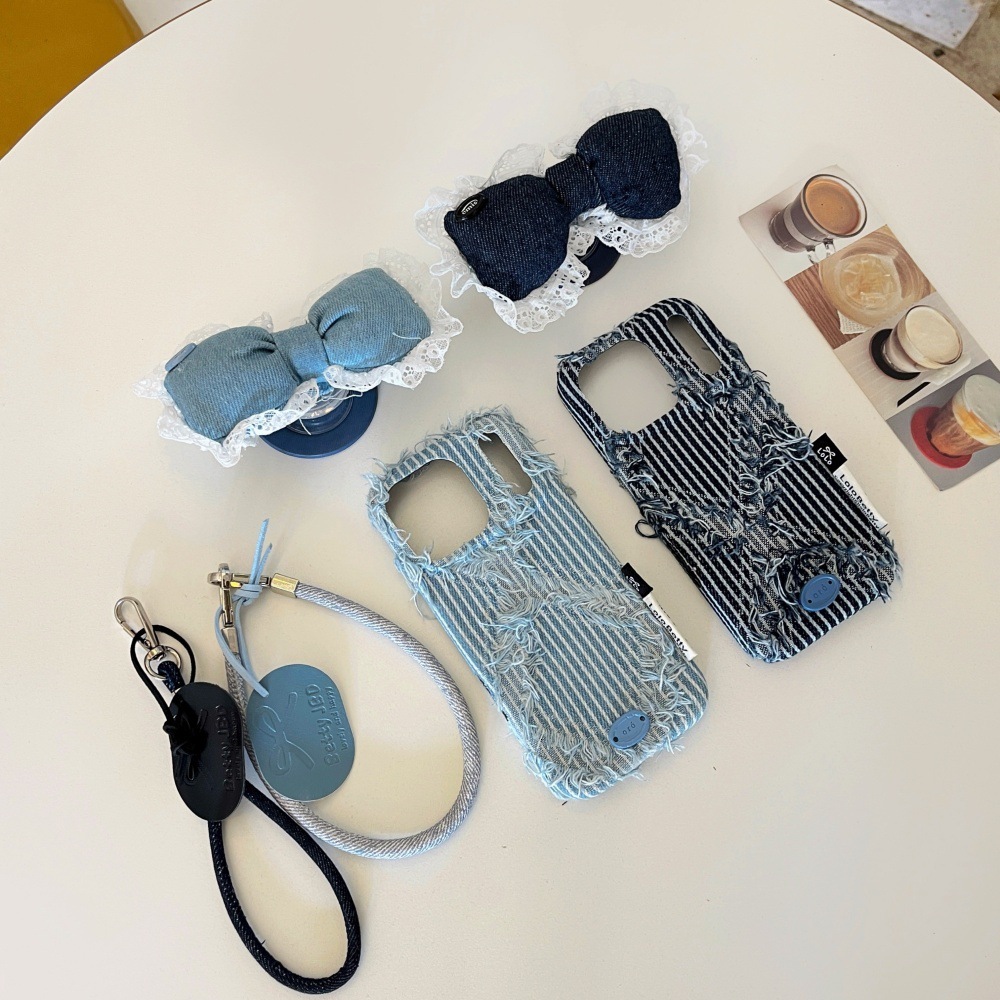 Denim Irregular Striped Bow Stand Phone Case Compatible with iPhone 17/16 Pro iPhone 15 Cartoon 14