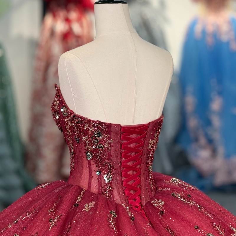 Red Shiny Quinceanera Dresses Off The Shoulder Sequin Applique Lace Beading Tull Party Birthday Sweet 16 Dress Vestidos 15 Anos