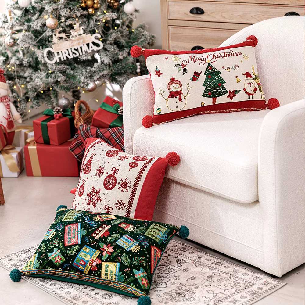 30x50/45x45cm Christmas Atmosphere Sofa Throw Pillowcase Red Yarn-Dyed Snowflake Single-Sided Cushion Cover Headboard Pillowcase Y251105