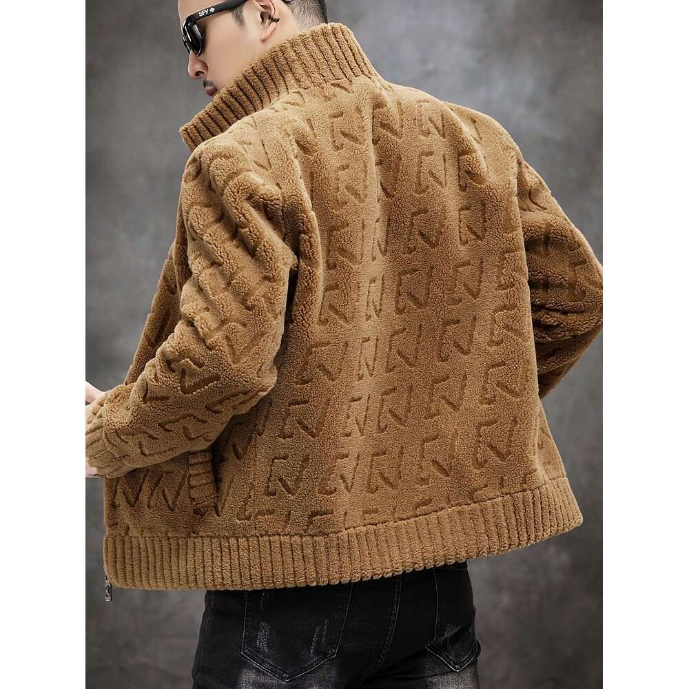 Men's Faux Fur-Lined - Casual Business Style, Warm Slim Fit, Full-Zip With And Ribbed Cuffs For Fall/Winter, Autumn Outerwear Stand Collar Jacket