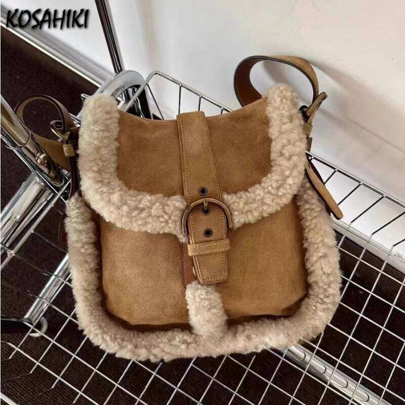 Design Patchwork Fluffy Crossbody Bag Casual Women Vintage Trendy Handbags Streetwear Fashion Y2k Aesthetic Shoulder Bags