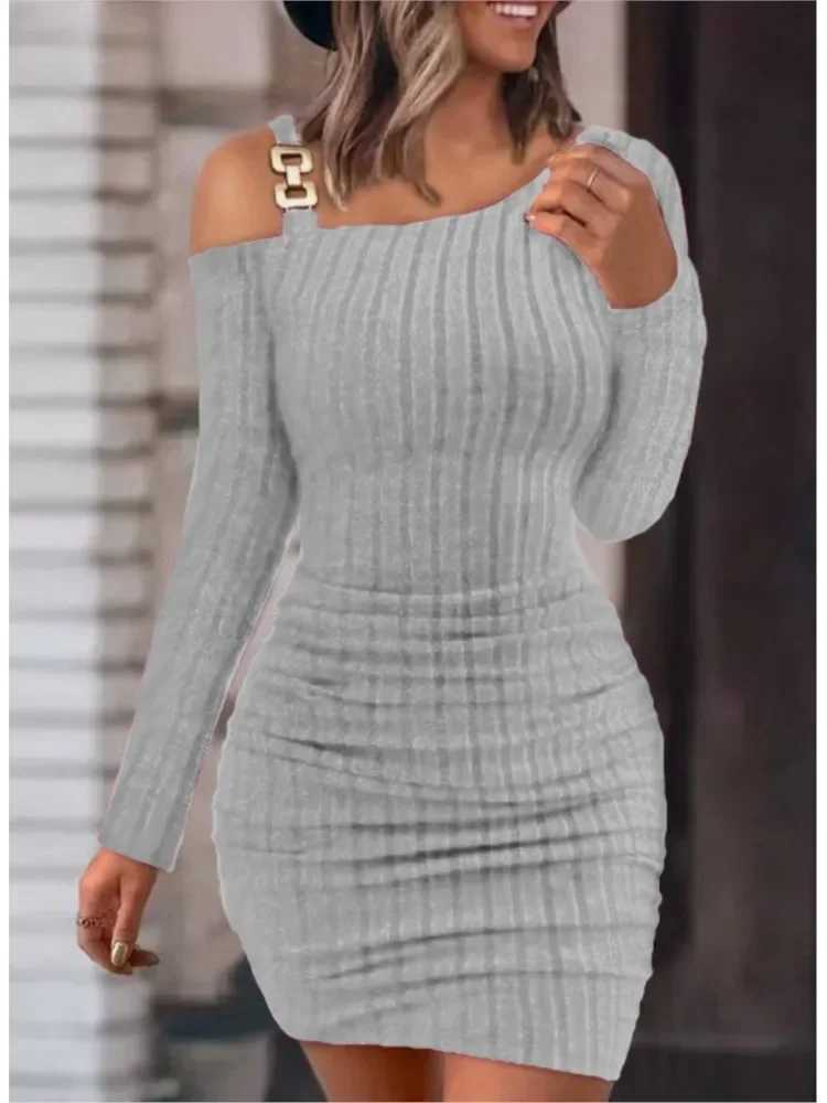 Autumn Winter New Women Dress Solid Button Oblique Off Shoulder Tight Wrap Hip Slim Sexy Long Sleeve Mini Dress Women Clothing J251105