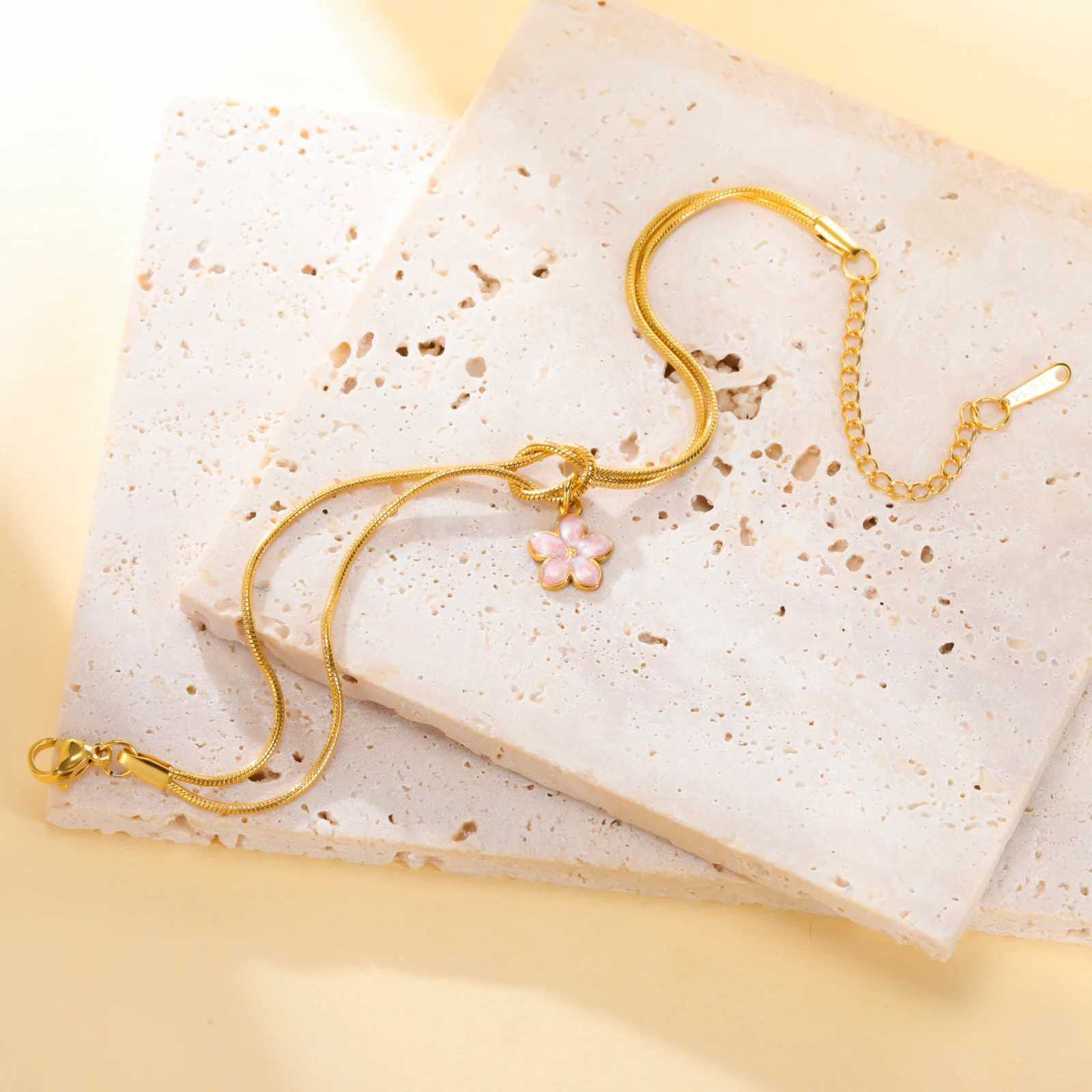Enamel Flower Charm Bracelet Stainless Steel Gold Color Adjustable Love Knot Double Snake Chain Women Cherry Blossom JewelryXJ251105