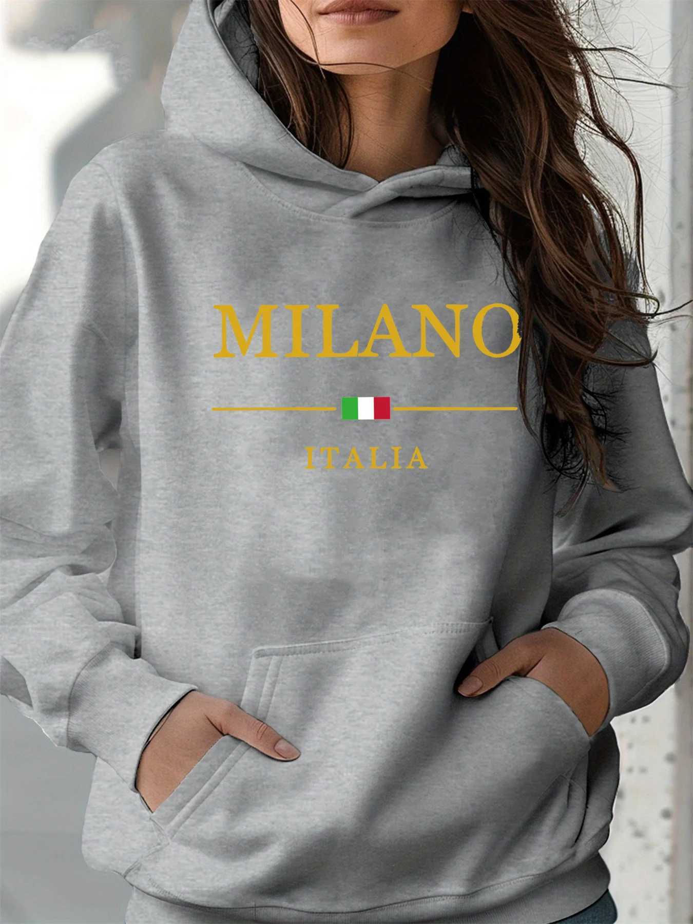 Womens autumn and winter warm and loose casual MILANO ITALIA pattern printed suede long sleeved hooded sweatshirtT251105