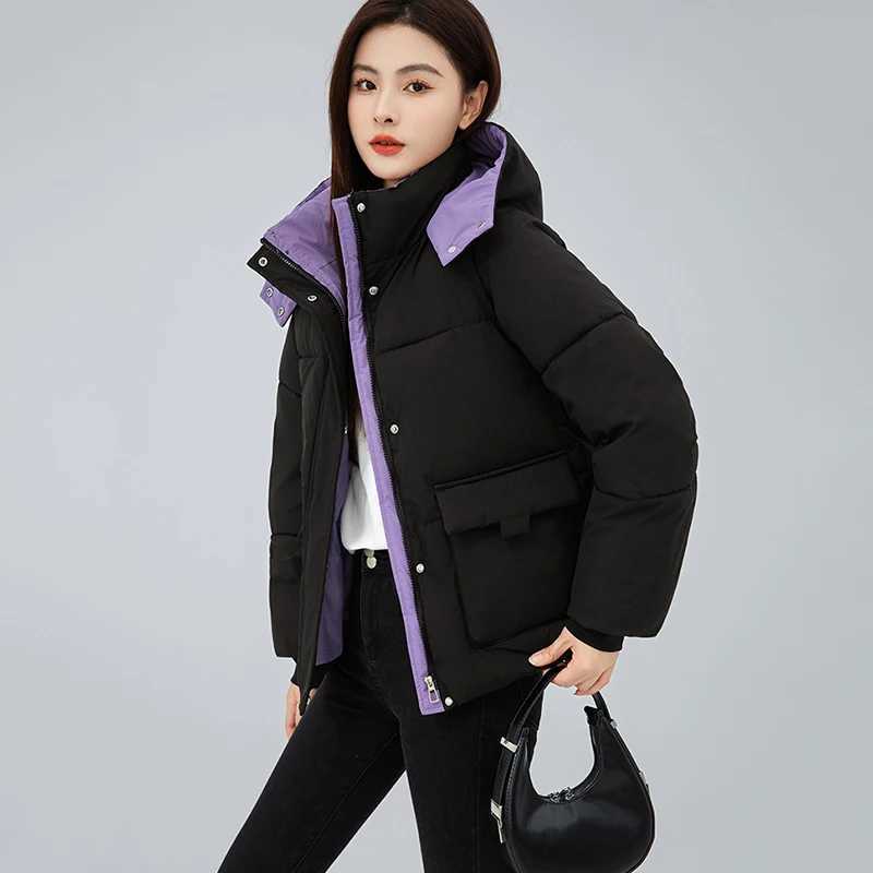 Fashion Mixed Color Stand Colalr Parkas Women Winter Warm Hooded Cotton Padded Jacket Woman Zip Long Sleeve Down Cotton CoatsT251105