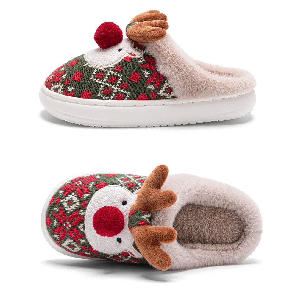 Christmas Elk Plush Slippers Flat Thermal Slippers Comfortable Furry Reindeer Slipper Anti Slip Cartoon Elk Slides for Men Women 251031