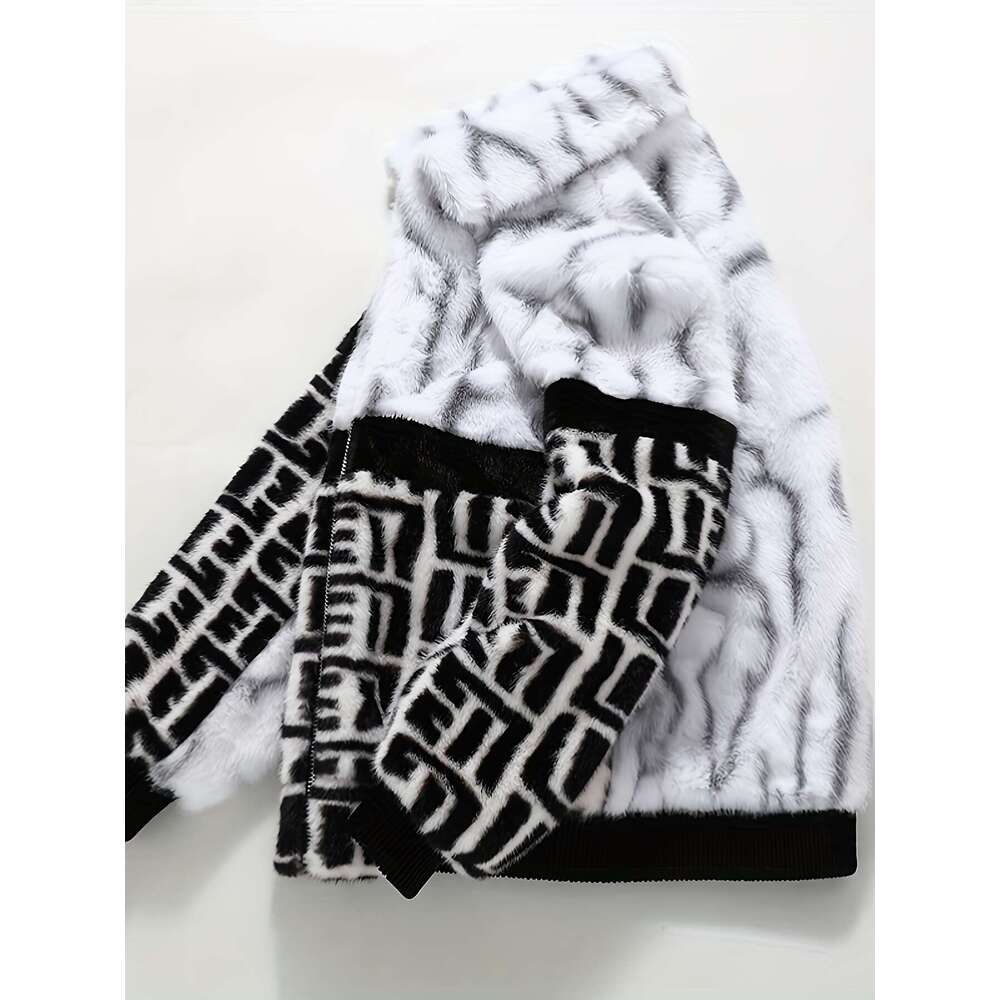 Men's Winter White Black/Gray -Like Jacket - Lapel Collar Full-Zip Coat With Imitation Fox Hood-Like, Hand Washable Cold-Weather Outerwear For Ca