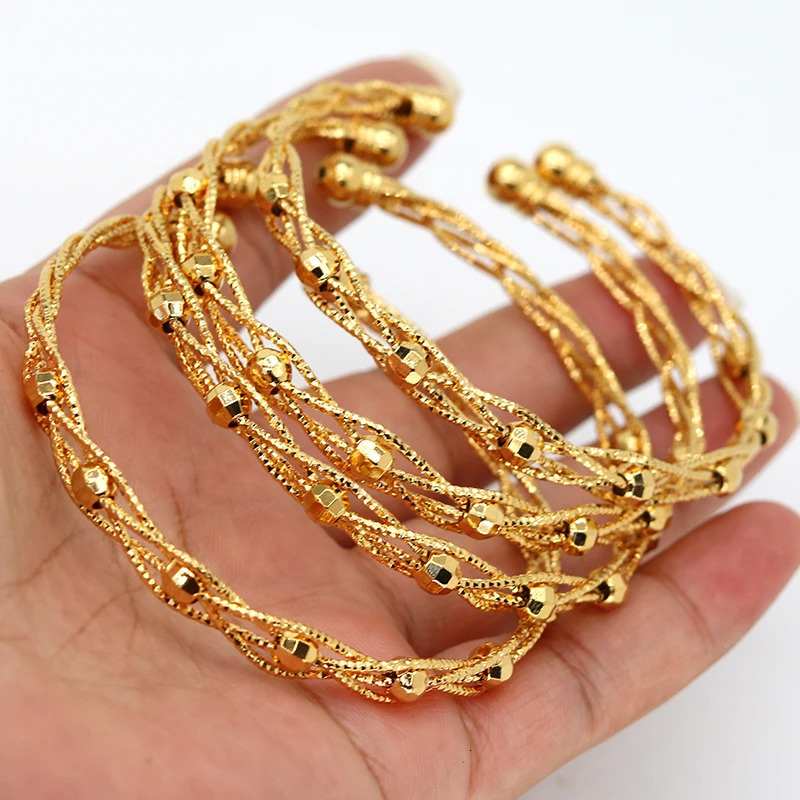 4pcs Trendy Bead Gold Color Saudi Bangles For Girls 24K Ball Copper Bracelet Women Girl Africa Bangles Wedding jewelry 251031