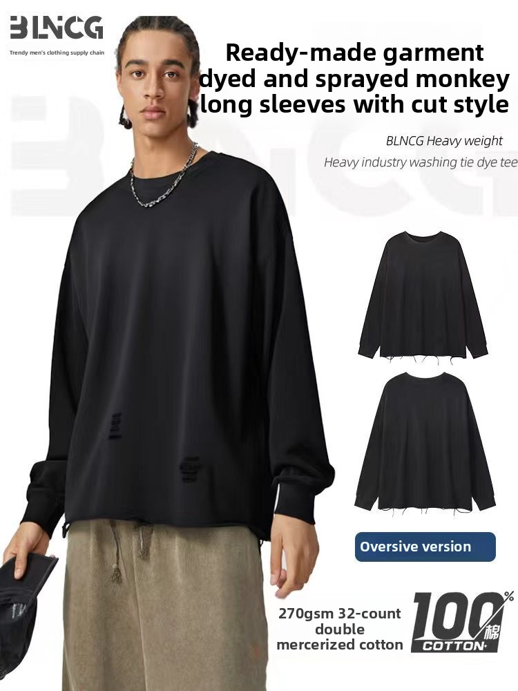 BLNCG Unisex Solid Color Long Sleeve T-Shirt, Distressed Design, Loose Retro Street Style, Oversize Fit, 100% Cotton Vintage Casual Top-KFGP-303