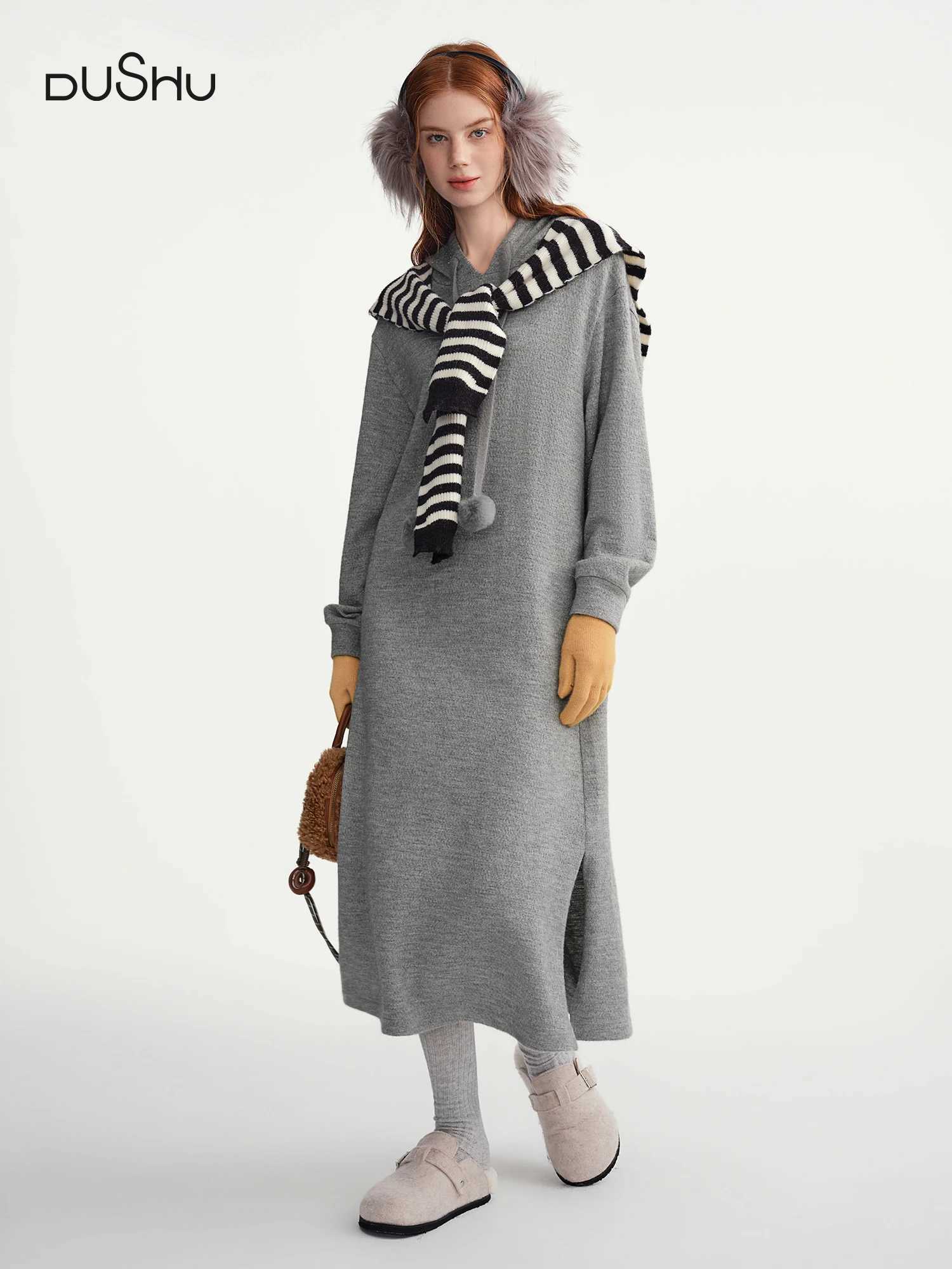 DUSHU 2025 Winter Womens Pom Hooded Knit Dress with Drawstring Waist - Casual Long Sleeve Tunic Dress for Daily Wear J251105