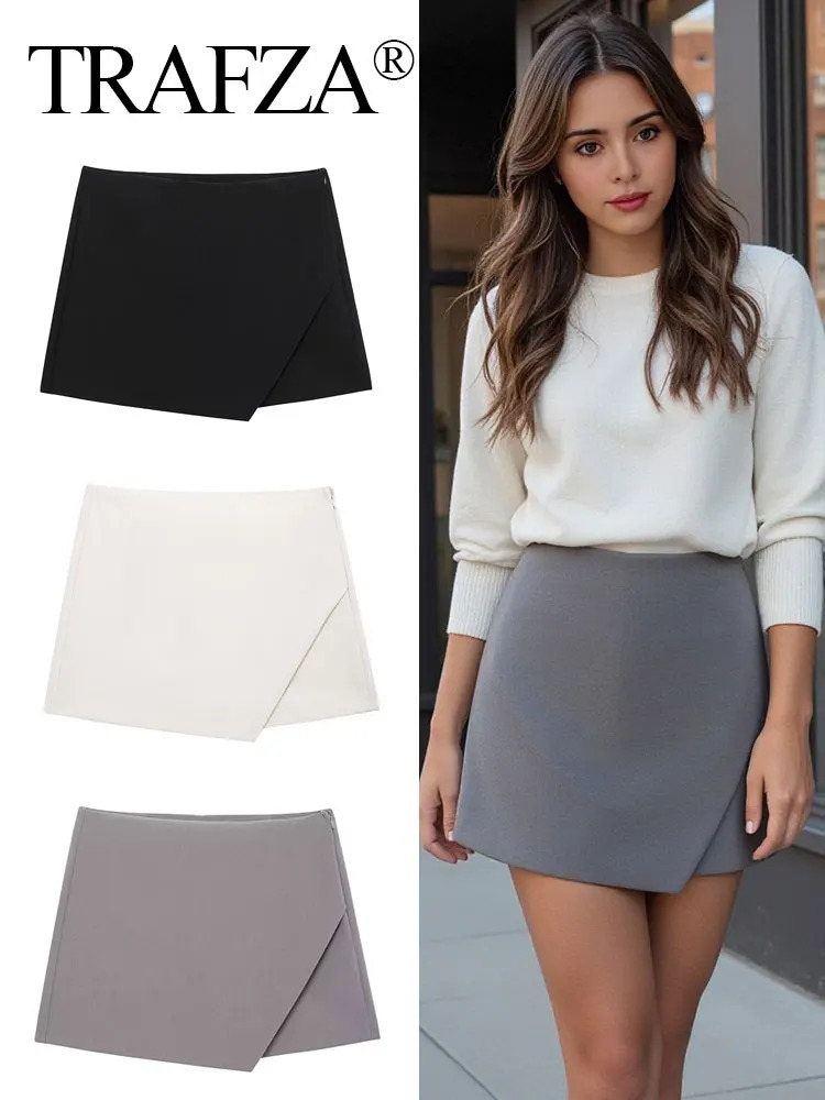 TRAFZA Women Elegant Solid Mini Skirt Shorts Side Zipper Asymmetric Hem High Waist Skirts 2025 Summer Lady Slim Shorts Skirts 250402