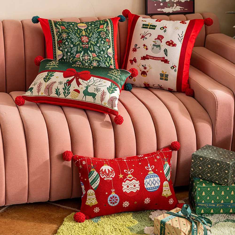 2025 Jacquard Yarn-dyed Christmas Cushion Cover Cartoon Elk Snowflake Embroidered Throw Pillow Cover Festival Pillows Decor Home Y251105